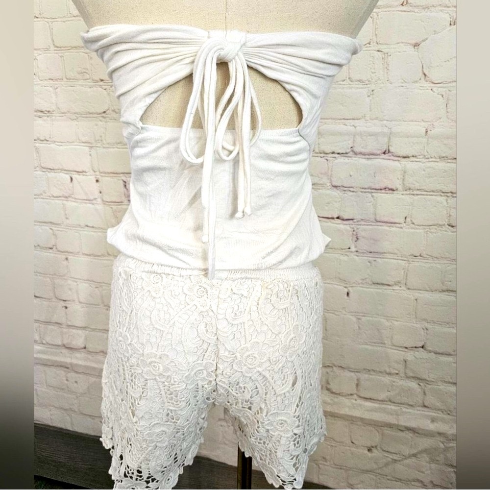 White Strapless Romper Mini Shorts with Crochet Embellishment - Picture 3 of 8